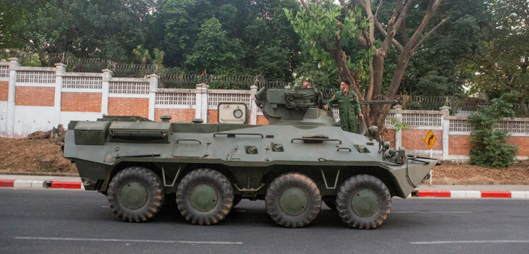 (Myanmar Civil War) Burma Army BTR-3u deployed in Yangon. cc Wunna Sithu Min Payar, modified, https://commons.wikimedia.org/wiki/File:Burma_Army_BTR-3u.png