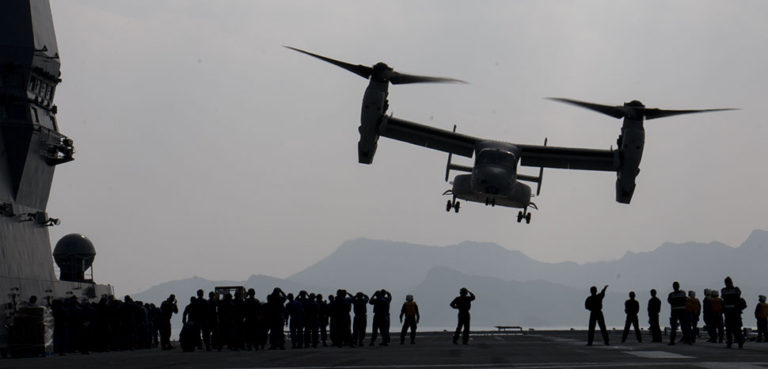 KUMAMOTO, Japan (April 19, 2016) An MV-22B Osprey aircraft from Marine Medium Tilitrotor Squadron (VMM) 265 attached to the 31st Marine Expeditionary Unit departs JS Hyuga (DDH 181) in support of the Government of Japan's relief efforts following earthquakes near Kumamoto. The long-standing alliance between Japan and the U.S. allows U.S. military forces in Japan to provide rapid, integrated support to the Japan Self-Defense Force and civil relief efforts. (U.S. Navy Photo by Mass Communication Specialist 3rd Class Gabriel B. Kotico/Released) 160419-N-AE545-640 Join the conversation: http://www.navy.mil/viewGallery.asp http://www.facebook.com/USNavy http://www.twitter.com/USNavy http://navylive.dodlive.mil http://pinterest.com https://plus.google.com