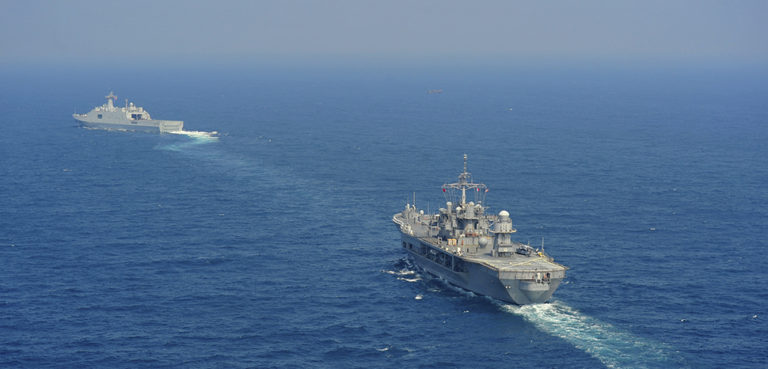 150424-N-NM917-049 SOUTH CHINA SEA (April 24, 2015) - The U.S. 7th Fleet flagship USS Blue Ridge (LCC 19), and CNS Qilianshan (LPD 999) of the People's Liberation Army (Navy), participate in a joint search and rescue exercise. Blue Ridge conducted a port visit to Zhanjiang to build naval partnerships with China's South Sea Fleet to ensure peace and prosperity for the entire region.(U.S. Navy photo by Mass Communication Specialist Seaman Jordan KirkJohnson/ RELEASED)