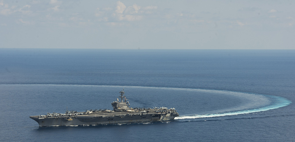 MEDITERRANEAN SEA (Feb. 21, 2017) The aircraft carrier USS George H.W. Bush (CVN 77) transits the Mediterranean Sea while performing flight operations in support of Operation Inherent Resolve. The George H.W. Bush Carrier Strike Group is conducting naval operations in the U.S. 6th Fleet area of operations in support of U.S. national security interests. (U.S. Navy photo by Mass Communication Specialist 3rd Class Daniel Gaither/Released)170221-N-OX430-129 Join the conversation: http://www.navy.mil/viewGallery.asp http://www.facebook.com/USNavy http://www.twitter.com/USNavy http://navylive.dodlive.mil http://pinterest.com https://plus.google.com, cc US Navy Page, modified, https://flickr.com/photos/usnavy/33052432475/in/photolist-SmJmDr-2jtyT73-2ndatj4-2iMQoqP-CcYk6h-2hNNrV3-2jgHW9E-2iZYXyx-dAPiWy-2jqnEFe-TTAtuT-AZj9cM-XGSSS7-2kcuWzW-2m6JLrj-2m8cBD1-u3AV5j-2enf1Fc-2nLogBn-SDACD1-2nTyqpE-2nTtuYw-nan8mD-2kcRndY-2nTyrjR-b3M4zv-2kVViic-2mkgQst-2kxJbjt-2mdr3S5-2iKAW3V-X7bU1N-nc2icJ-299CAXu-2mP2pPy-2kAx9Bp-2jc97bE-Lcazbb-2j7Ly9D-2jMrzYr-XWxVVK-2ihgtfm-2nWe3Un-2a1zEwu-2jBYK4B-2kM4Jze-2josuru-2gYijrT-2n3hu1B-2jGLRwn