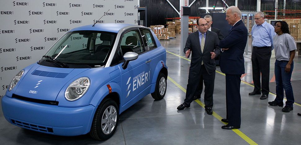 Vice President Joe Biden tours the Ener1 Inc. battery factory with CEO Charles Gassenheimer and COO Richard Stanley and is shown a THINK City, an electric car that uses Ener1 batteries, in Greenfield, Indiana, Jan. 26, 2010. (Official White House Photo by David Lienemann), modified, https://obamawhitehouse.archives.gov/blog/2011/01/26/our-plan-put-one-million-advanced-technology-vehicles-america-s-roads