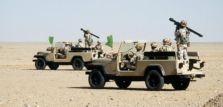 cc Tech. Sgt. H. H. Deffner ; Crews of an Egyptian ranger battalion in Jeep light vehicles give a demonstration for visiting dignitaries during Operation Desert Shield. The soldiers standing are holding SA-7 Grail surface-to-air missiles.