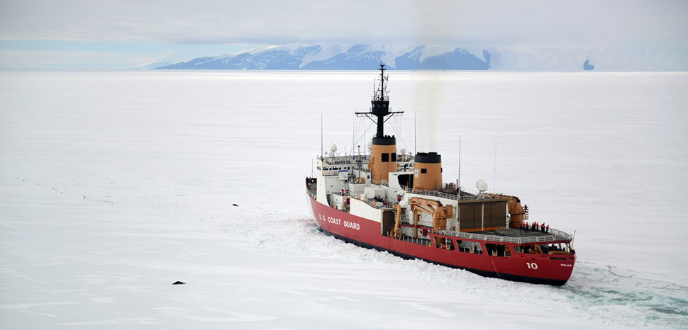 Coast Guard Commandant Adm. Paul F. Zukunft highlighted the important role of icebreakers to maintain defense readiness in the Arctic and Antarctic regions, enforce treaties and other laws, and provide support to facilitate the movement of goods and personnel. Here, the Coast Guard Cutter Polar Star operates off the shore of Antarctica, Jan. 16, 2017. Coast Guard photo by Chief Petty Officer David Mosley, modified, https://dod.defense.gov/OIR/gallery/igphoto/2001902896/