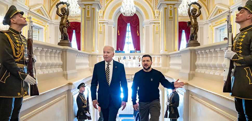 cc White House, modified, https://commons.wikimedia.org/w/index.php?search=zelensky%20biden&ns0=1&ns6=1&ns12=1&ns14=1&ns100=1&ns106=1#/media/File:P20230220AS-0567_(52734317347).jpg \ President Joe Biden meets with Ukrainian President Volodymyr Zelenskyy at Mariinsky Palace, Monday, February 20, 2023, during an unannounced trip to Kyiv, Ukraine. (Official White House Photo by Adam Schultz)