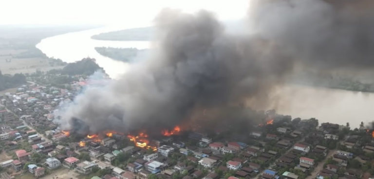 cc MPATV, Mon State Kyomaro Township, According to local residents, many houses have been set on fire due to the SAC's air attack on Dhammatha village as well as heavy weaponry., https://commons.wikimedia.org/wiki/Category:Myanmar_civil_war_(2021%E2%80%93present)#/media/File:Mon_State_Kyomaro_Township_bombed_2024-03-28.jpg