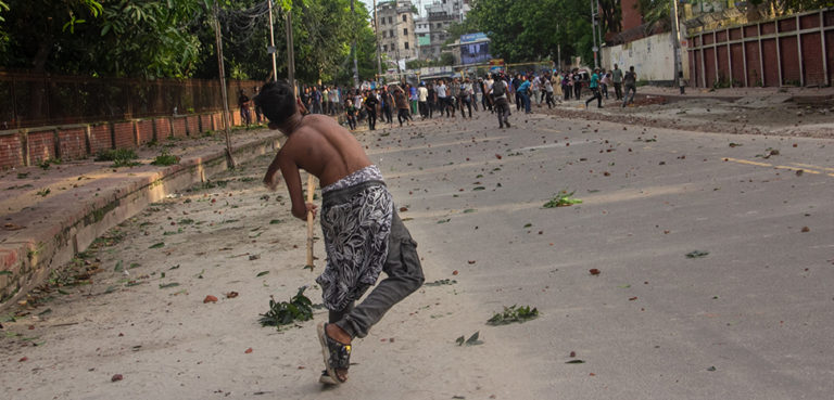 cc Rayhan Ahmed, modified, Fresh violence has broken out in Bangladesh between police and student protesters demanding justice for victims of recent unrest. Clashes were reported in the capital Dhaka and other cities on . In the north-eastern city of Sylhet, an official claimed demonstrators had attacked police who in turn used tear gas. Photos sent from the southern city of Barisal to BBC Bangla show police in riot gear and wielding batons, barricading demonstrations and taking away protesters, many of whom are women. More than 800 people have been killed in this month's violence, mostly as a result of police opening fire. Nearly 10,000 people have reportedly been detained. 